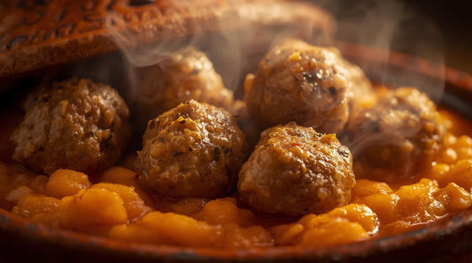 Tajine de kefta revisité façon brunch – purée de patate douce et marinade Amazigh Képices