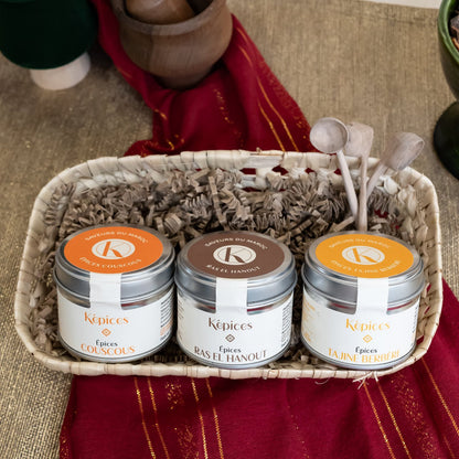 Trio d'épices Képices vu du dessus : couscous, ras el hanout, tajine berbère