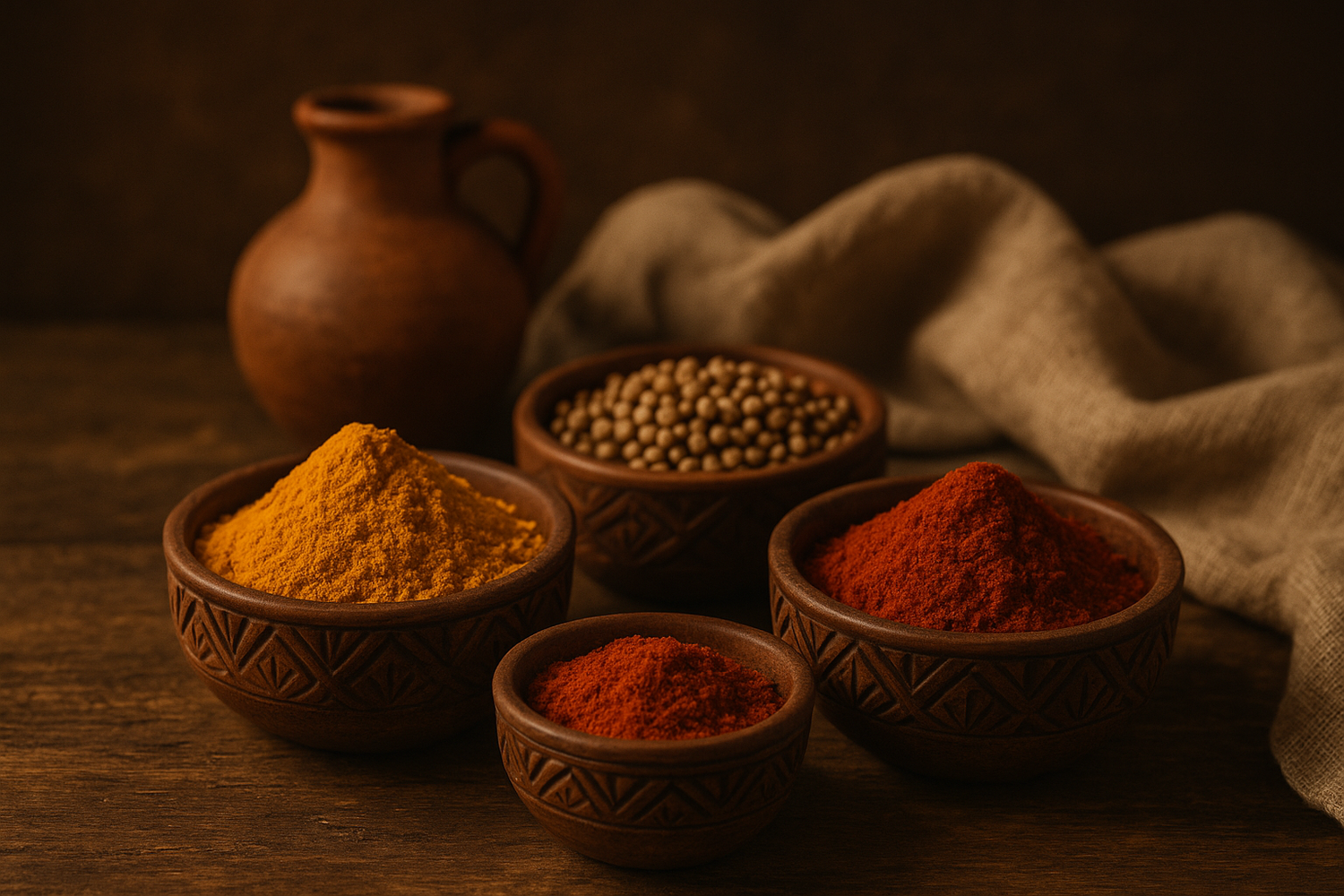 Quatre bols remplis d’épices marocaines artisanales colorées – curcuma, paprika et  safran – univers Képices