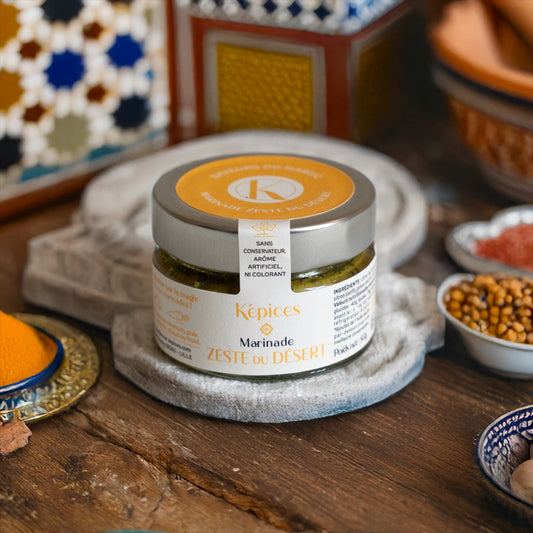 Marinade Zeste du Désert Képices – marinade marocaine artisanale au citron confit, gingembre et épices douces.