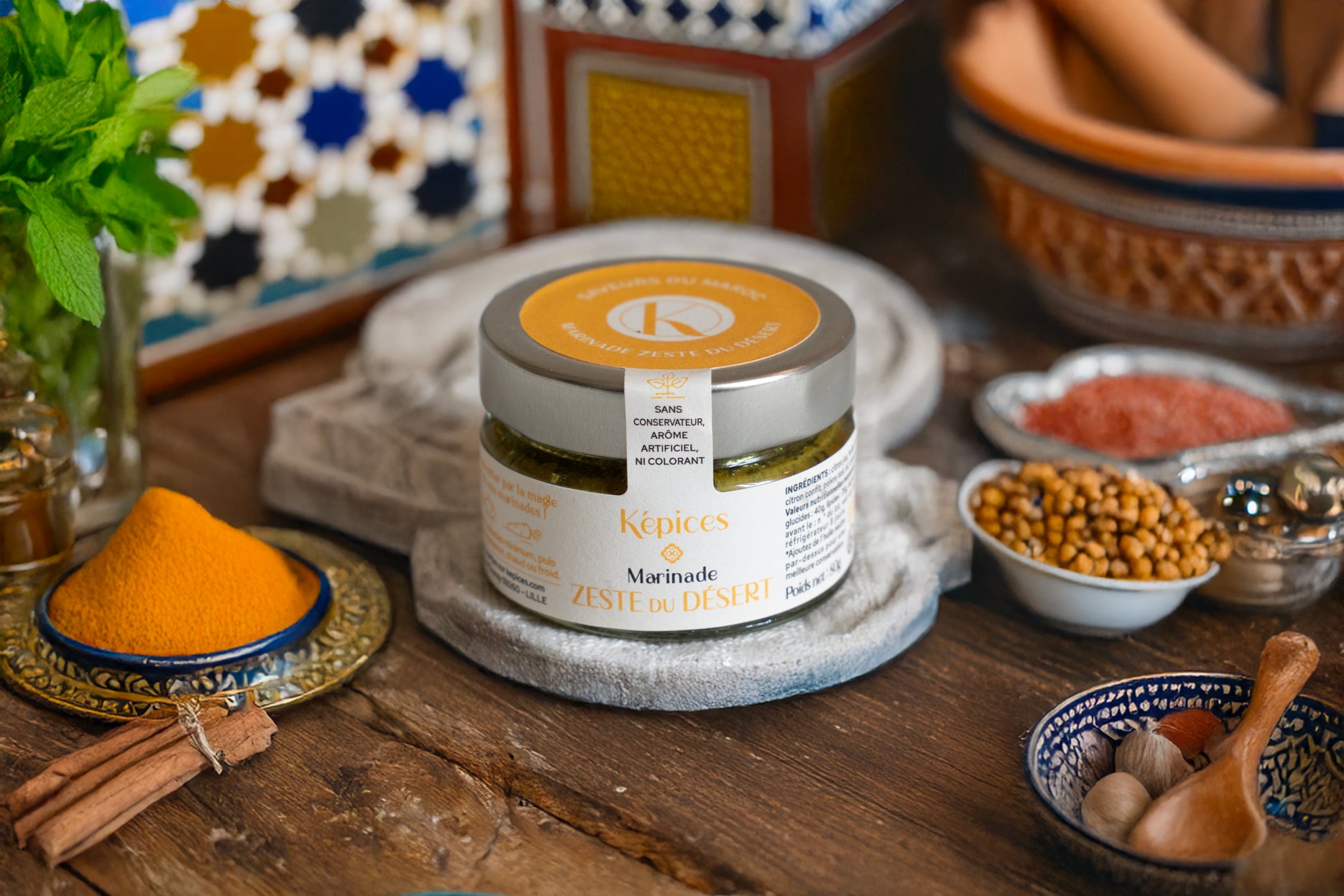 Marinade Zeste du Désert Képices – marinade marocaine artisanale au citron confit, gingembre et épices douces.