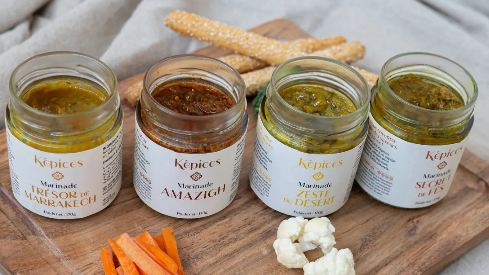 Collection de marinades marocaines artisanales Képices – Amazigh, Zeste du Désert, Secret de Fès et Trésor de Marrakech